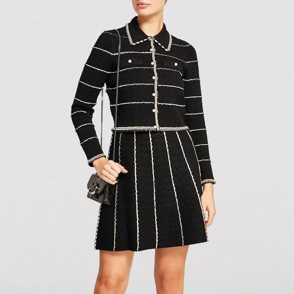 NWT Sandro Black Tweed Two-Piece Jacket & Skirt Set with Cream Trim - Picture 4 of 10